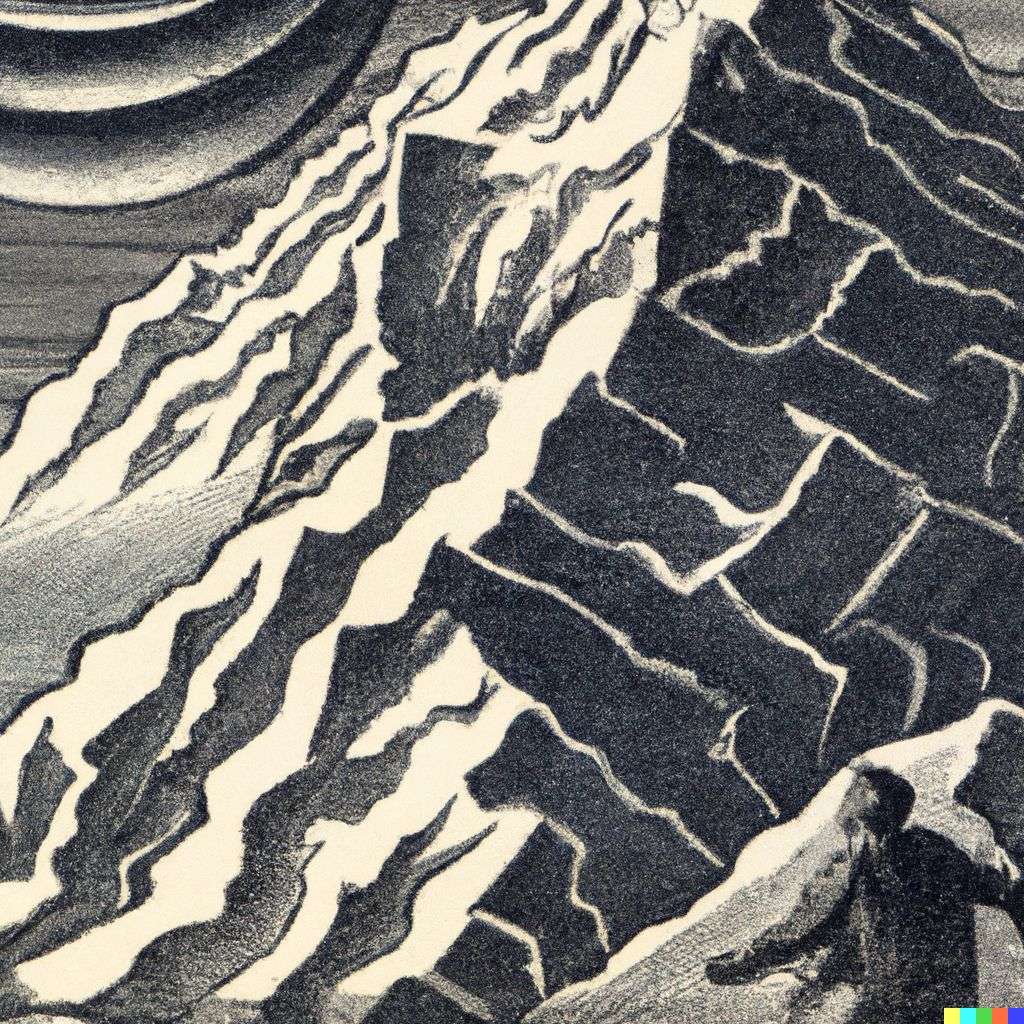 someone gazing at Mount Everest, lithography by Escher